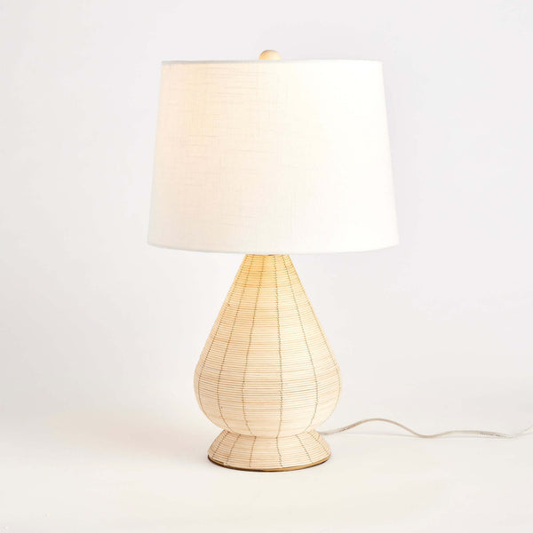 Teardrop Rattan Table Lamp with White Linen Shade