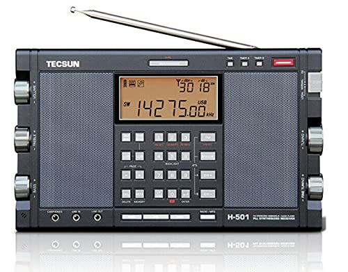 Tecsun Digital AM/FM Shortwave Longwave Radio with a digital display and multiple control buttons, featuring dual speakers and an antenna at the top.