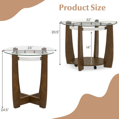 Tempered Glass Coffee Table Set of 3 for Living Room Bedroom-Walnut