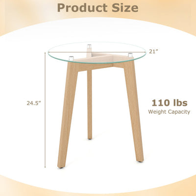 Tempered Glass End Table Round with Solid Rubber Wood Structure-Set of 2