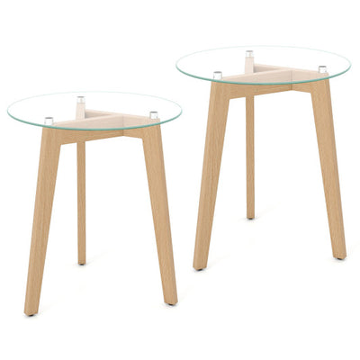 Tempered Glass End Table Round with Solid Rubber Wood Structure-Set of 2