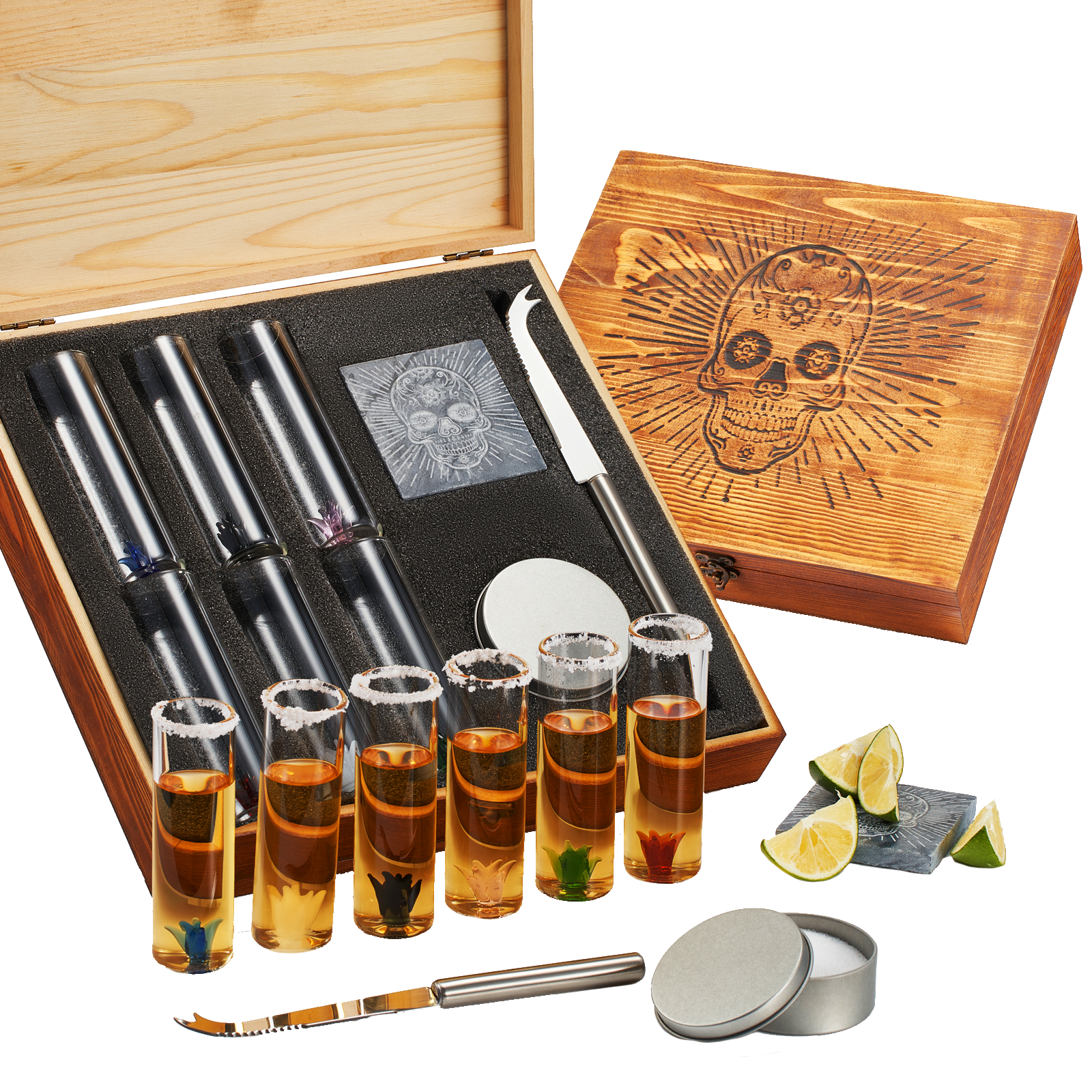 Tequila Shot Glass & Salt Gift Set for Men & Women | Six Agave Shot Glasses, Knife For Limes, One Skull Coaster, One Salt Tin | Skeleton Mahogany Wood Box Package For Tequila, Liquor Lovers