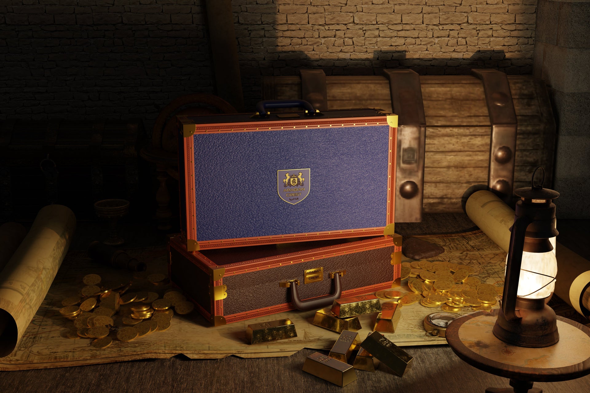 Vintage suitcase with gold coins and a lantern on a stone floor