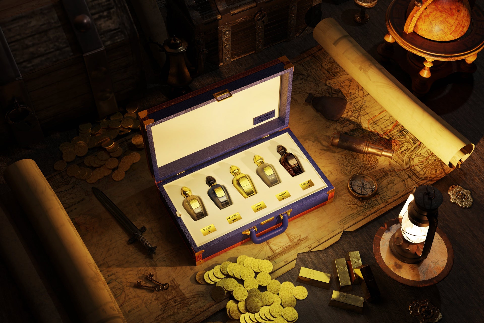 The Sinbad Corsair Portfolio: 5-Piece Eau de Parfum Briefcase - Collection of small bottles in a blue box on a wooden table with gold coins and maps.