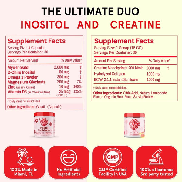 Supplement facts for Inositol and Creatine with product images and certification logos on a white background.