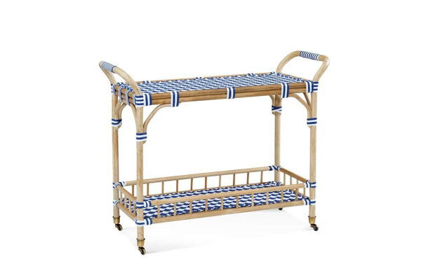 The Ventana Bar Cart - Rattan bar cart with blue and white checkered accents on a white background
