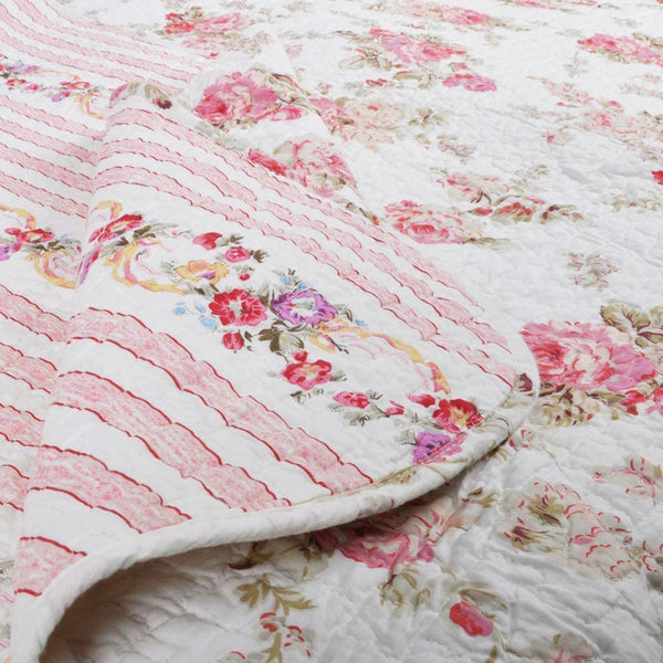 Spring Rose Floral Scalloped Cotton Quilted Reversible Decor Throw Blanket