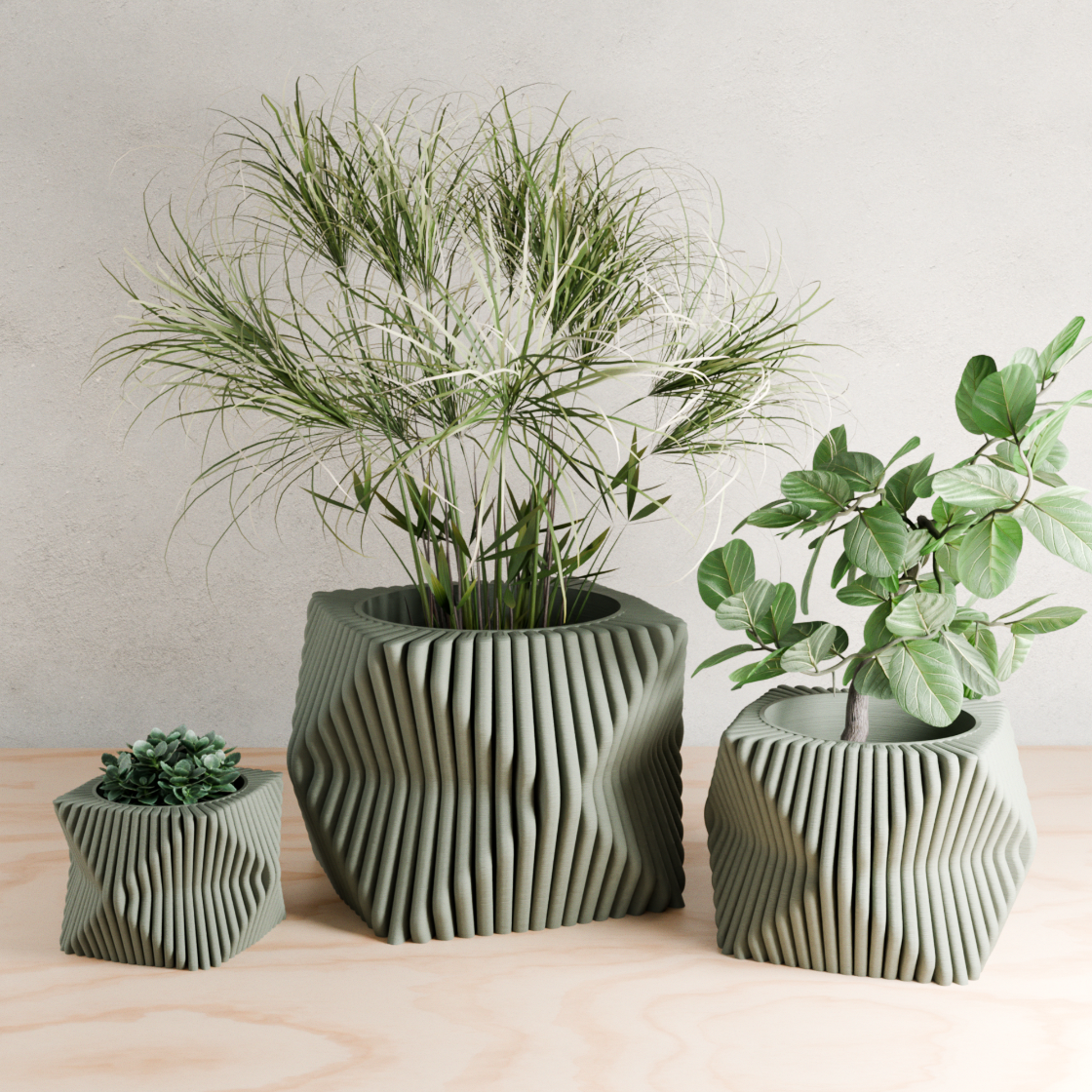 Three green ceramic planters with plants on a wooden surface