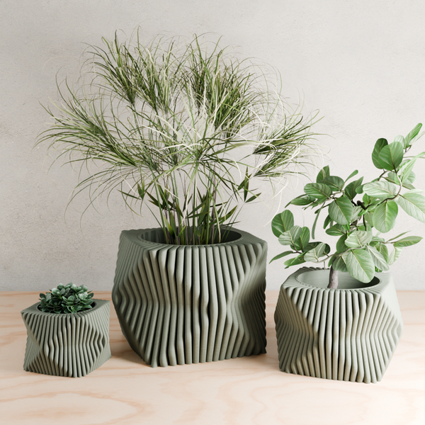 Three green ceramic planters with plants on a wooden surface