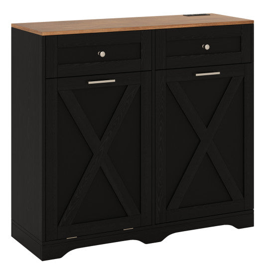 Tilt Out Trash Can Cabinet with Outlets and Adjustable Shelf-Black