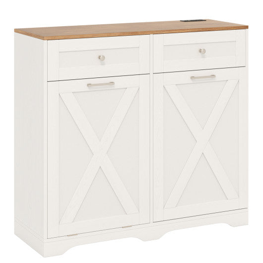 Tilt Out Trash Can Cabinet with Outlets and Adjustable Shelf-White
