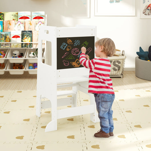 Toddler Kitchen Step Stool with Activity Chalkboard and Adjustable Height-White