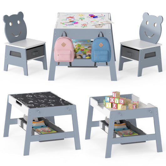 Toddler Table and 2 Chairs 5-in-1 Cute Art Desk Set with Reversible Chalkboard Whiteboard-Grey