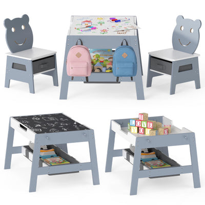 Toddler Table and 2 Chairs 5-in-1 Cute Art Desk Set with Reversible Chalkboard Whiteboard-Grey
