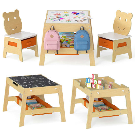 Toddler Table and 2 Chairs 5-in-1 Cute Art Desk Set with Reversible Chalkboard Whiteboard-Natural