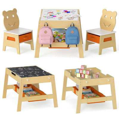 Toddler Table and 2 Chairs 5-in-1 Cute Art Desk Set with Reversible Chalkboard Whiteboard-Natural