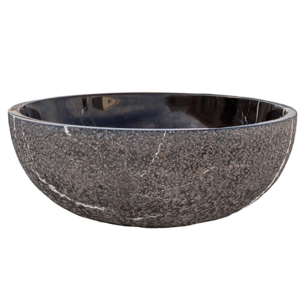Toros Black Marble Vessel Sink Above-Counter Polished Interior Rough Exterior (D)16