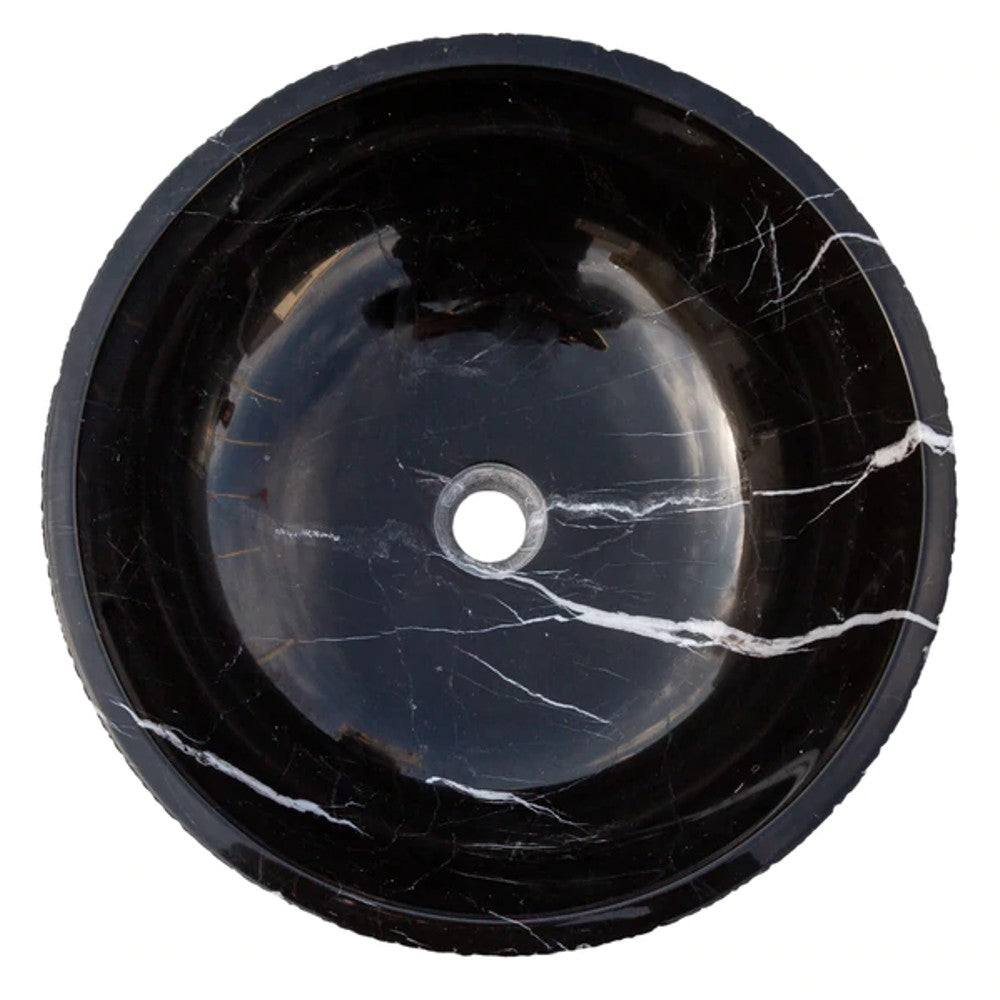 Toros Black Marble Vessel Sink Above-Counter Polished Interior Rough Exterior (D)16