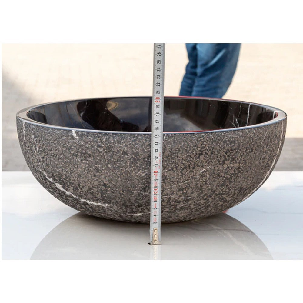 Toros Black Marble Vessel Sink Above-Counter Polished Interior Rough Exterior (D)16