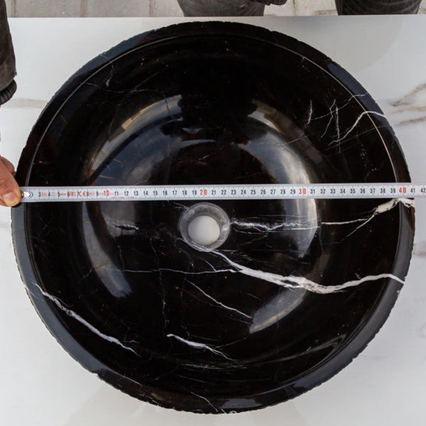 Toros Black Marble Vessel Sink Above-Counter Polished Interior Rough Exterior (D)16