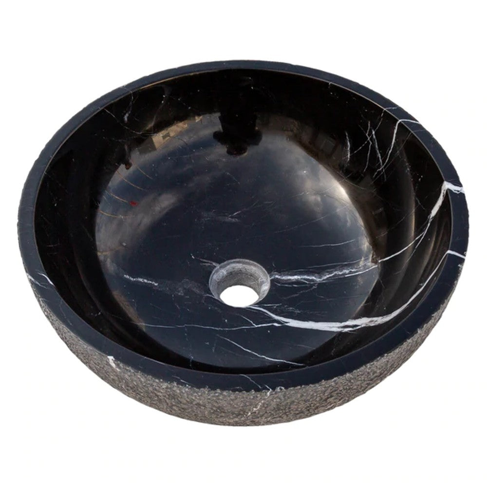 Toros Black Marble Vessel Sink Above-Counter Polished Interior Rough Exterior (D)16