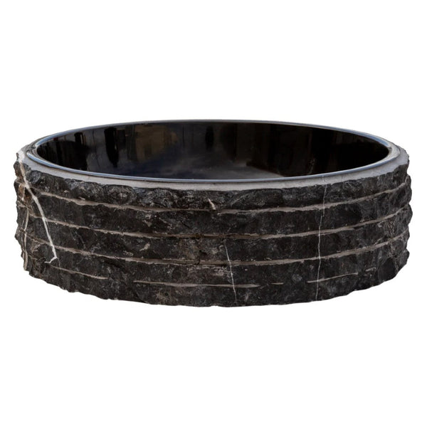 Toros Black Marble Vessel Bathroom Sink Bowl Polished Interior and Combed/Rough Exterior (D)16