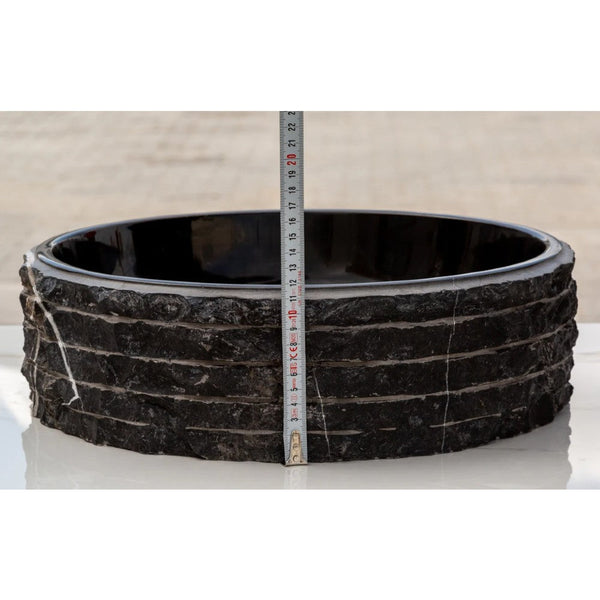 Toros Black Marble Vessel Bathroom Sink Bowl Polished Interior and Combed/Rough Exterior (D)16