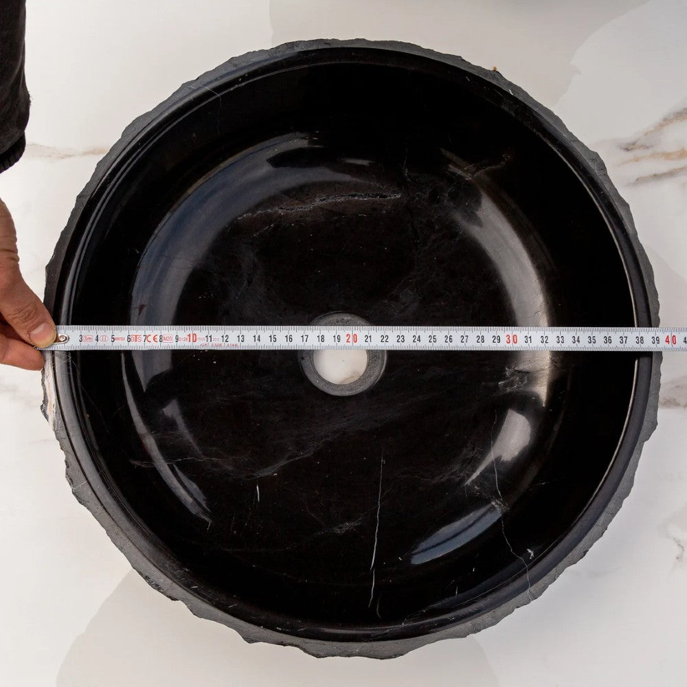 Toros Black Marble Vessel Bathroom Sink Bowl Polished Interior and Combed/Rough Exterior (D)16