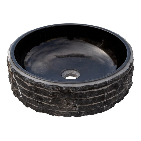 Toros Black Marble Vessel Bathroom Sink Bowl Polished Interior and Combed/Rough Exterior (D)16