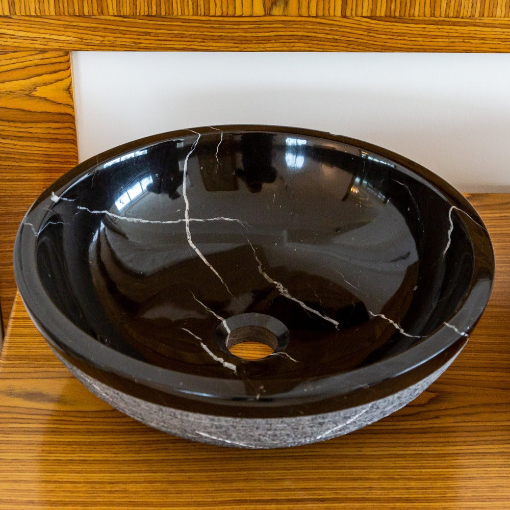 Natural Stone Toros Black Marble Vessel Sink Rough Exterior (D)16