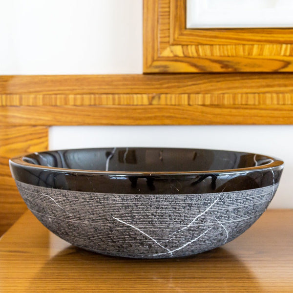 Natural Stone Toros Black Marble Vessel Sink Rough Exterior (D)16