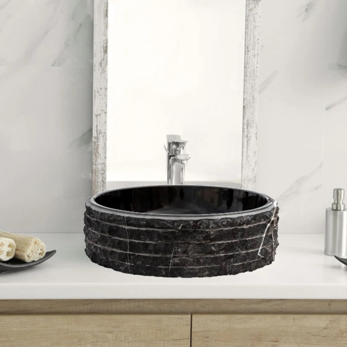 Toros Black Marble Rustic Above Vanity Round Bathroom Sink (D)16