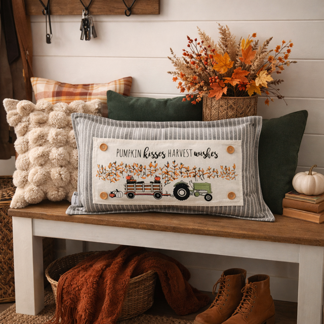 NEW! RECTANGLE SPRING/SUMMER/FALL BUNDLE:  3 seasons + CHARCOAL REC. pillow:  NEW WELCOME, FIREWORK TRUCK, TRACTOR FIELD