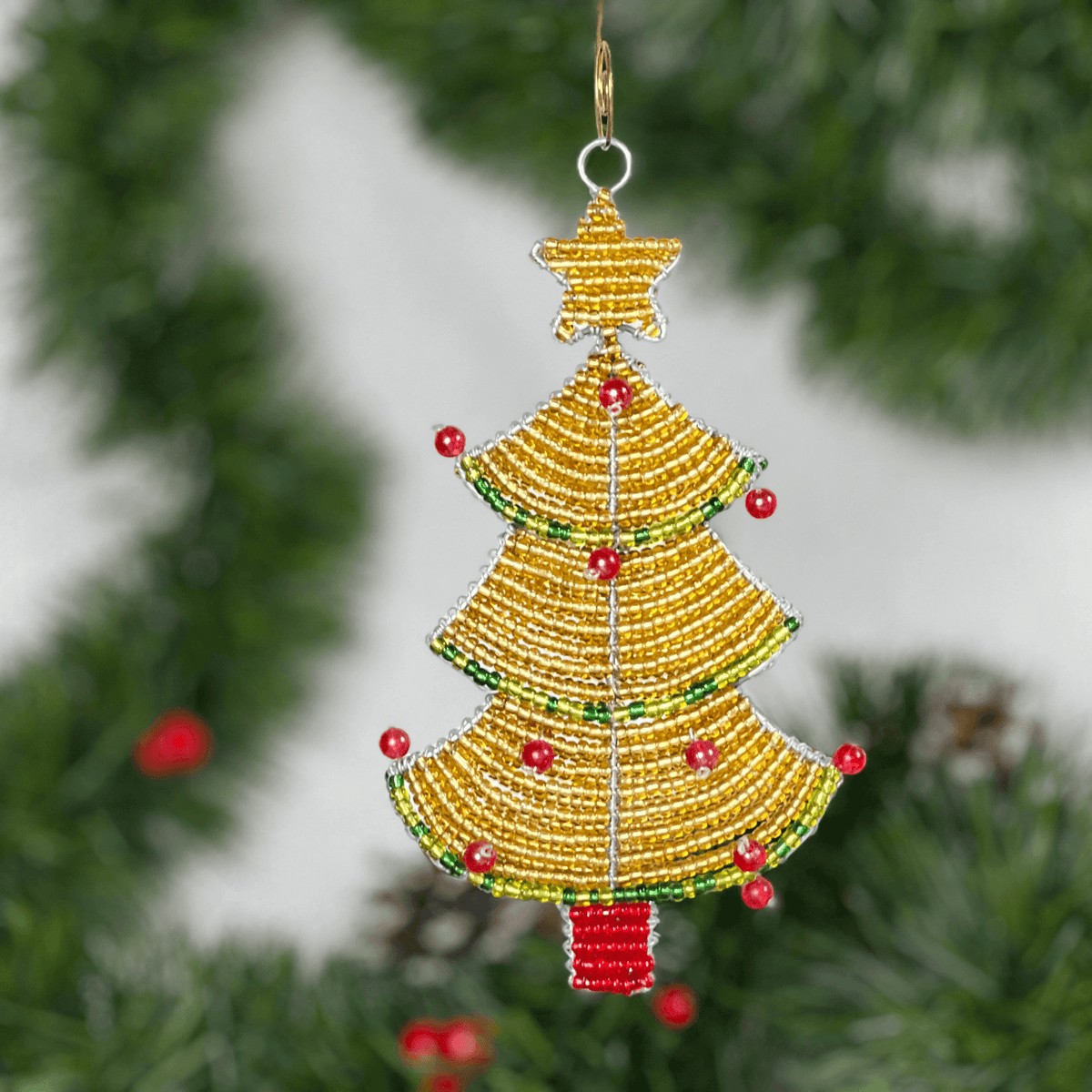 Beaded Christmas Tree with Star Ornament â€“ Handmade Holiday DÃ©cor by Haitian Artisans.