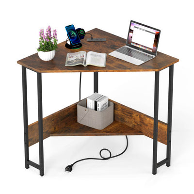 Triangle Computer Corner Desk with Charging Station-Rustic Brown