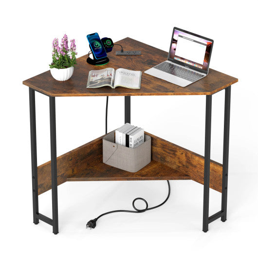 Triangle Computer Corner Desk with Charging Station-Rustic Brown