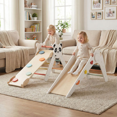 Triangle Set Foldable Kids Climbing Toys Panda-Themed Wood Montessori Climbing Set-Multicolor