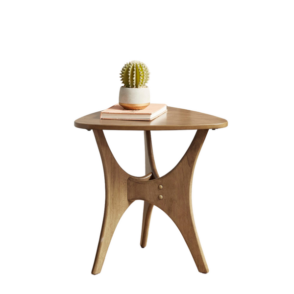 Triangle Wood Side Table with mid-century modern design, featuring a smooth wood finish and decorative cactus on top.