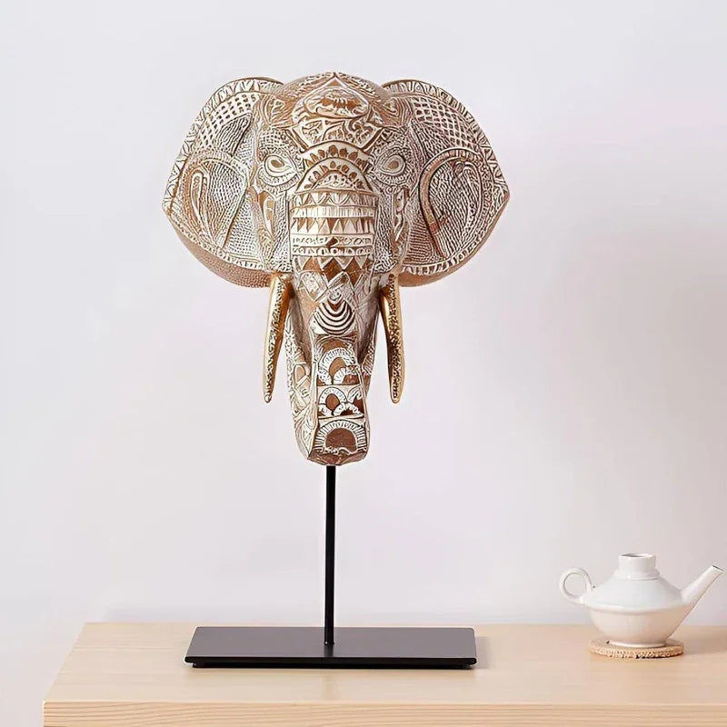 Tribal Elephant Head Wall Sculpture on Stand for Modern Home Decor