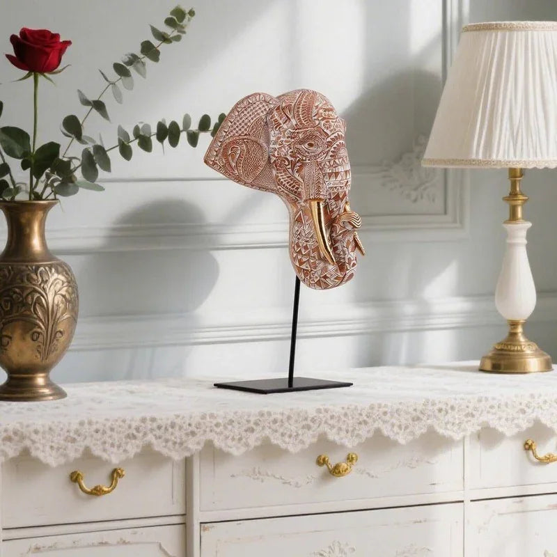 Tribal Elephant Head Wall Sculpture on Stand for Modern Home Decor