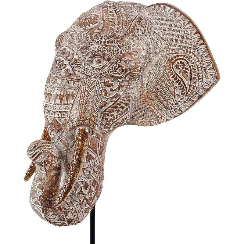Tribal Elephant Head Wall Sculpture on Stand for Modern Home Decor