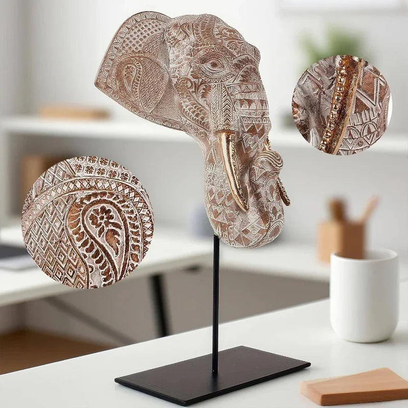 Tribal Elephant Head Wall Sculpture on Stand for Modern Home Decor