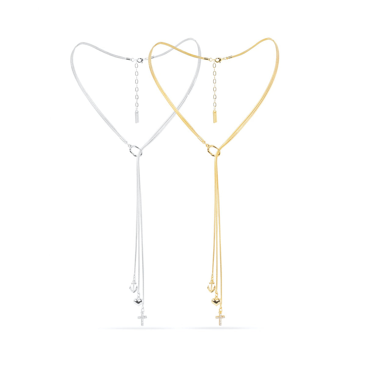 Trinity Necklace -Three Chains with Cross, Heart, and Anchor Charms