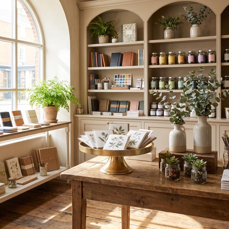 A warm, sunlit interior room with cream built-in shelving, a rustic wooden table, and multiple potted plants and glass jars. A gold pedestal holds a fan of botanical art cards or prints, and the scene appears styled for a home decor or stationery brand.