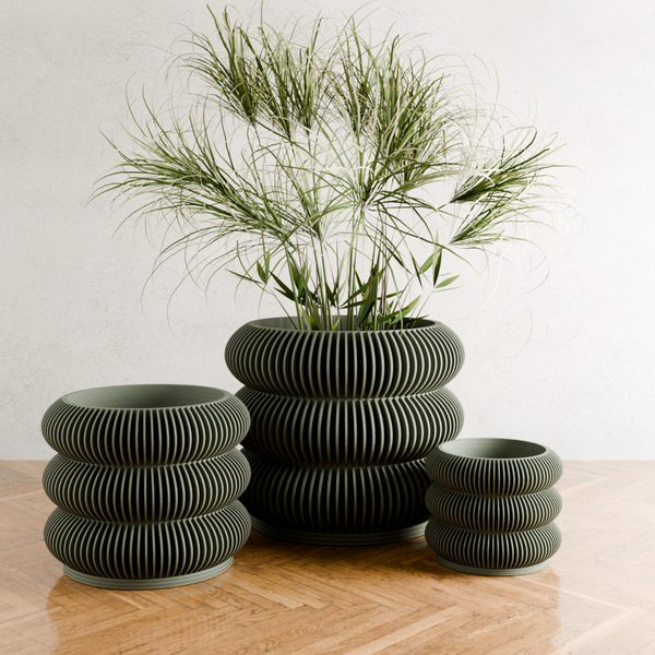 Set of three ribbed ceramic planters with plants on a wooden surface