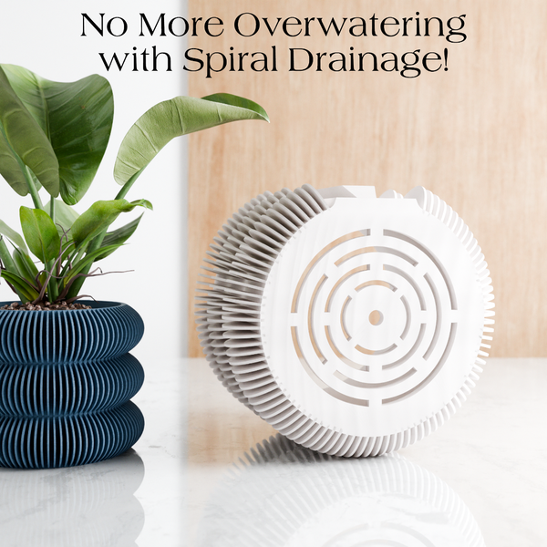 Spiral drainage product next to a potted plant with text 'No More Overwatering with Spiral Drainage!'.