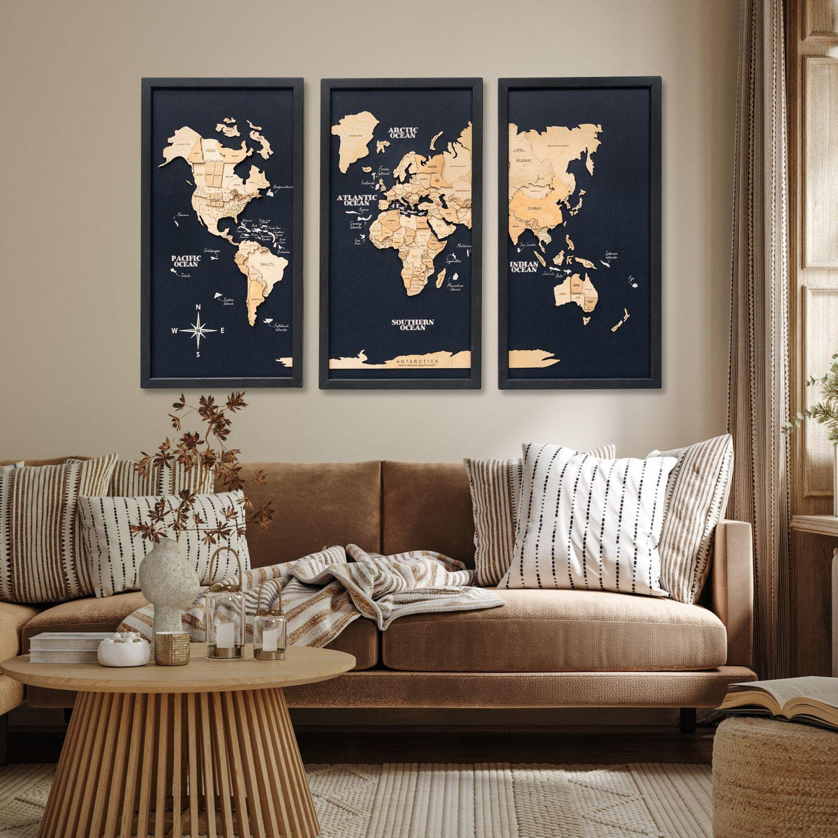 3D Wooden Triptych World Map Gold