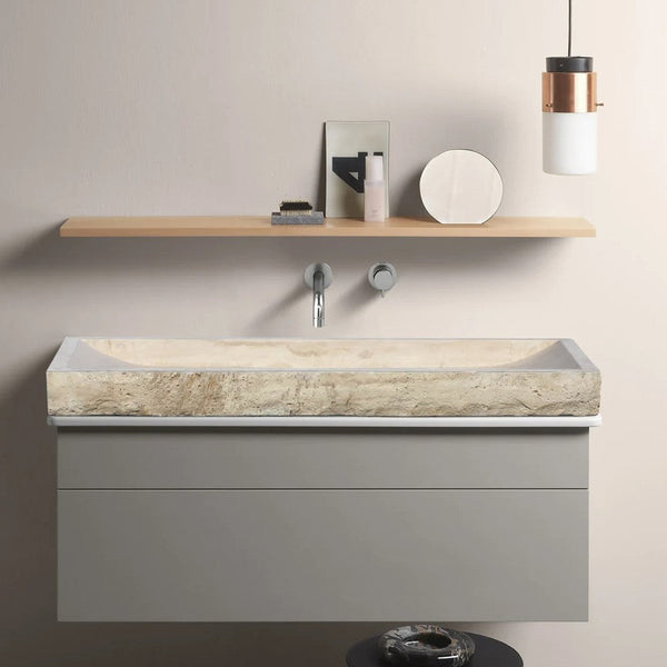 Troia Light Travertine Rectangular Vessel Sink Honed and Hand-Split (W)16