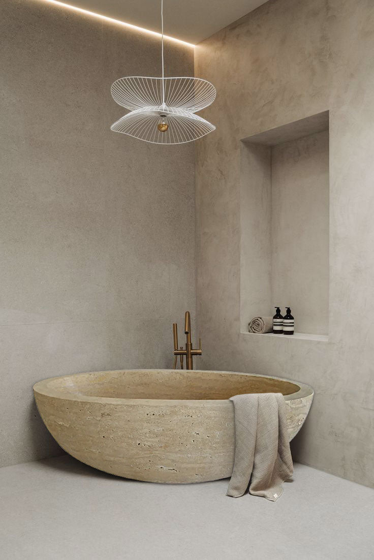 Troia Light Travertine Bathtub Hand-carved from Solid Marble Block (W)32