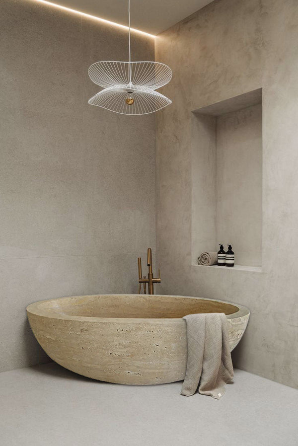 Troia Light Travertine Bathtub Hand-carved from Solid Marble Block (W)32